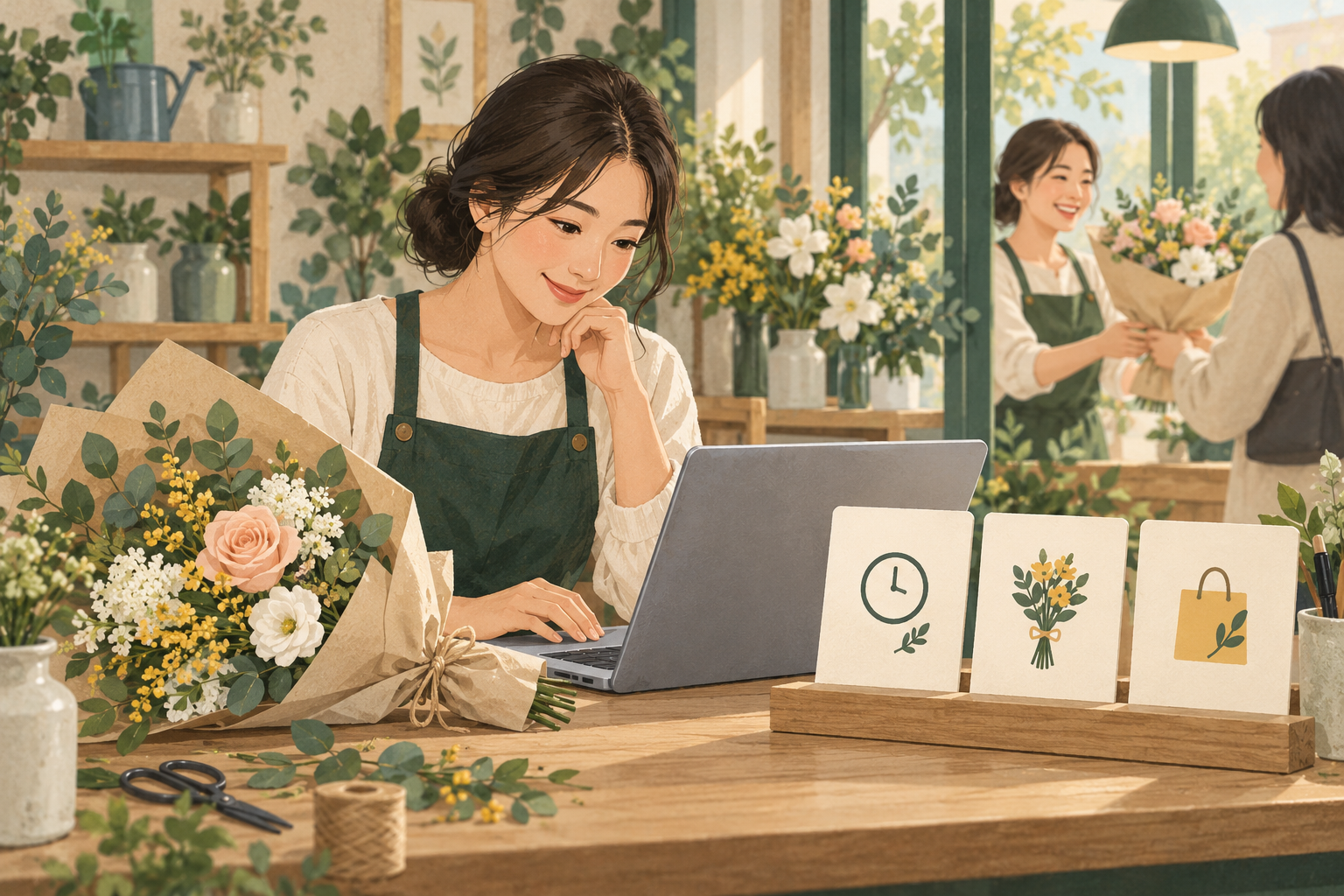 고객 관리 업무를 하는 가상 사장님 일러스트