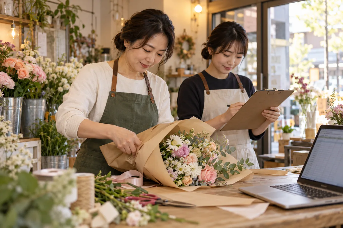 꽃다발을 포장하는 사장님과 옆에서 업무 목록을 확인하는 동료