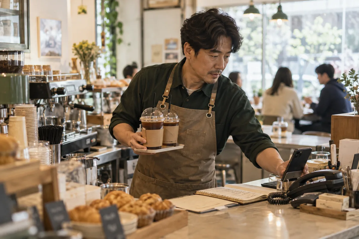 음료를 건네면서 전화와 휴대폰 문의까지 살피는 카페 사장님