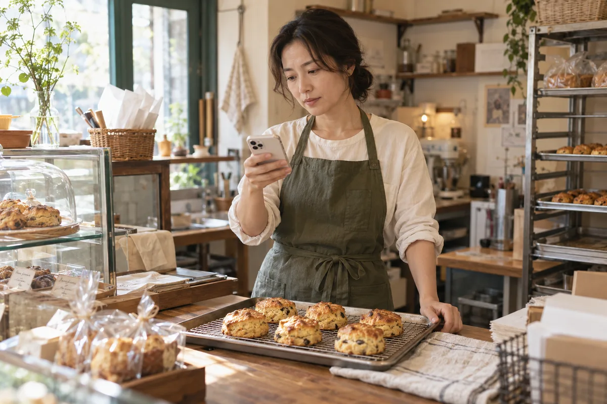스콘을 앞에 두고 홍보에 쓸 휴대폰 사진을 확인하는 베이커리 사장님