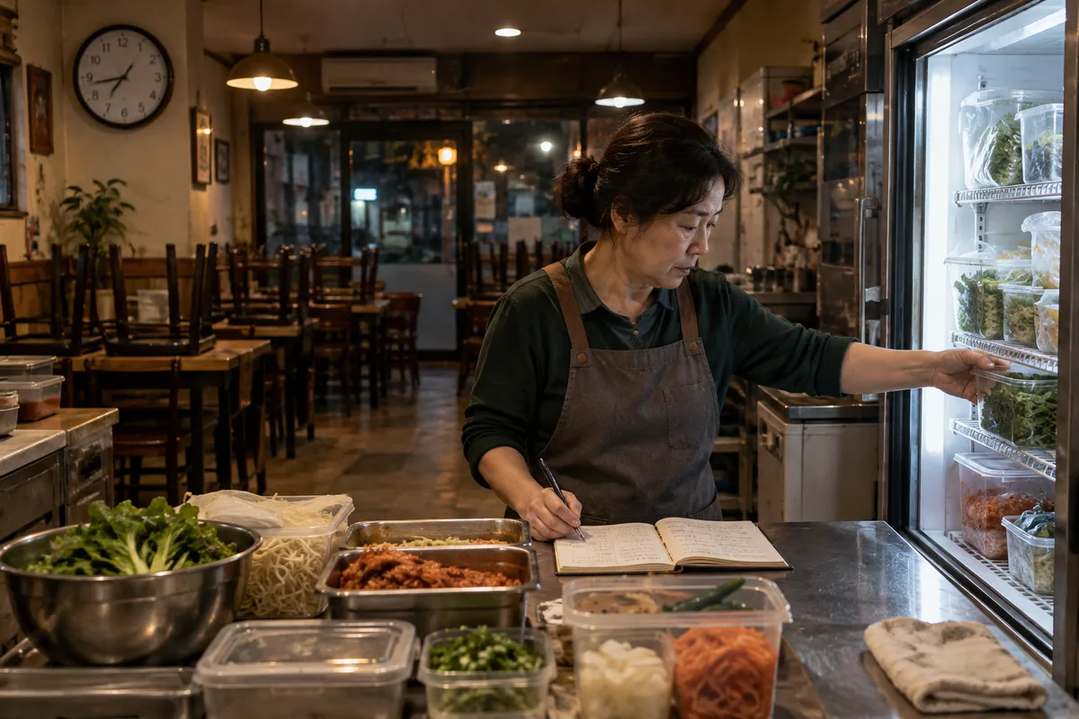 영업을 마친 식당에서 남은 식재료를 확인하고 수첩에 적는 사장님